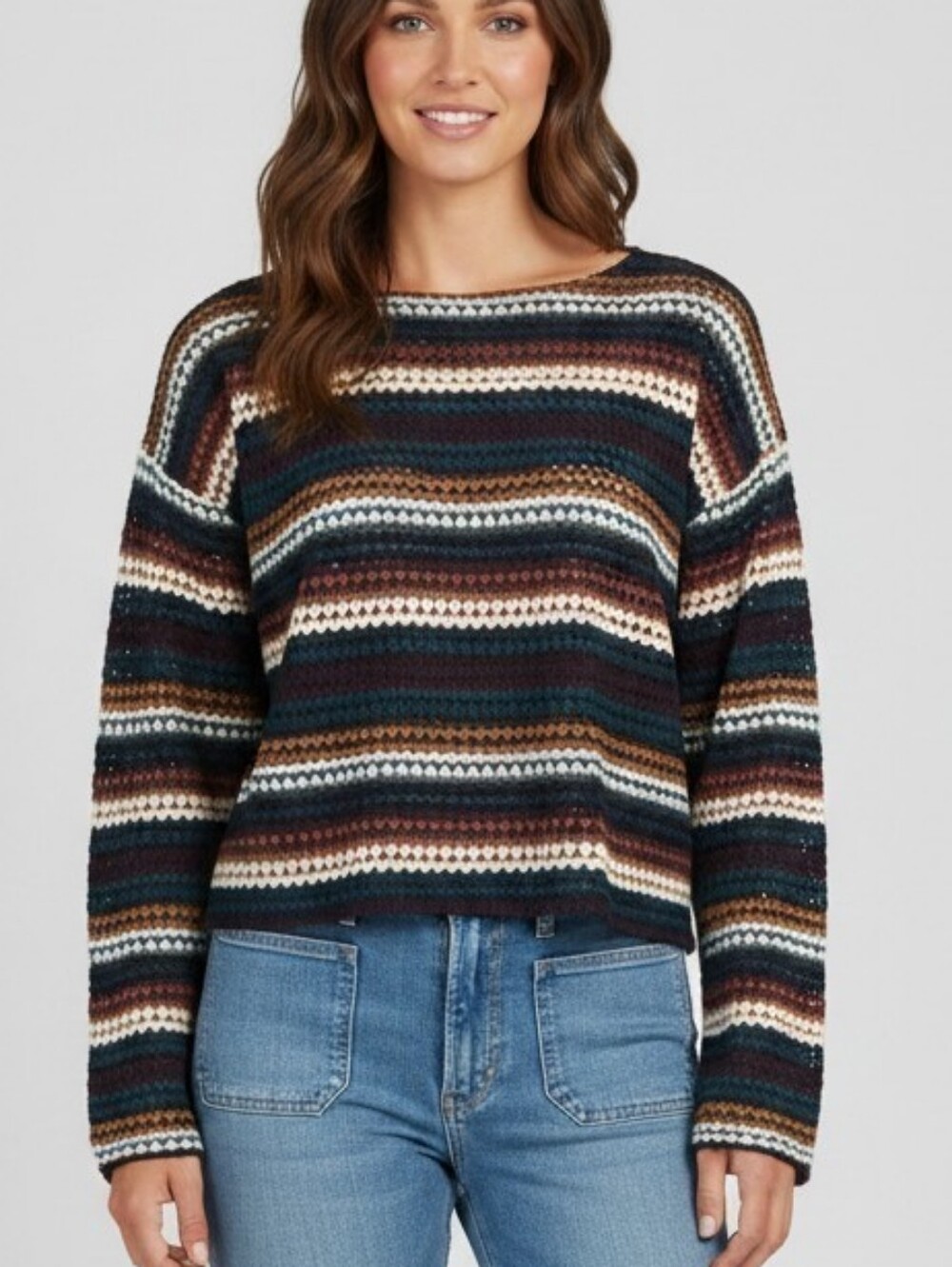 GILLI Women’s Medium Striped Open Knit Metallic Sweater Cropped Boho Made in USA
